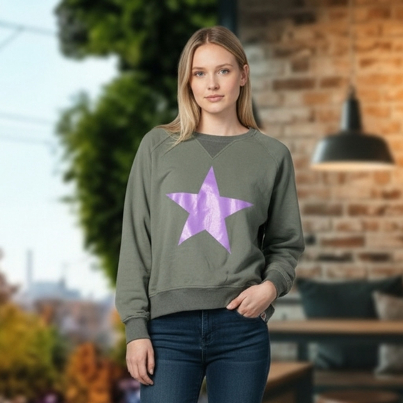 Sunshine Park Tops - Sunshine Park Olive Green Star Sweatshirt Medium Side Zip Pullover Casual Street